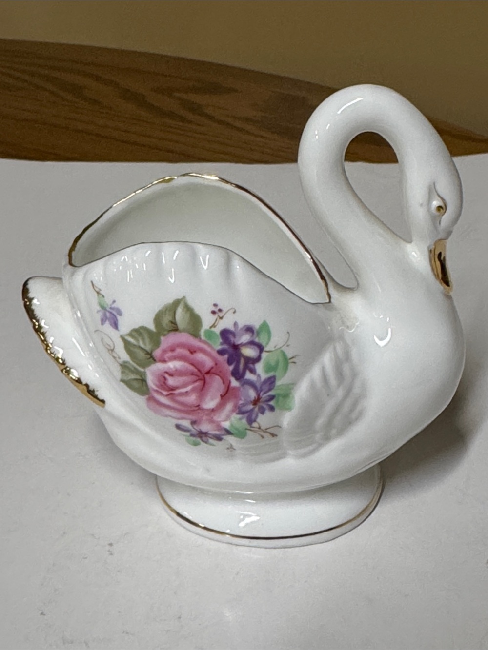 Lefton Bone China 4" Hand Painted Swan Trinket Dish Pink and Purple Flowers
